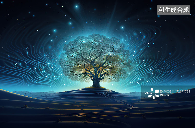 【AI数字艺术】星空银河下的一棵树图片素材
