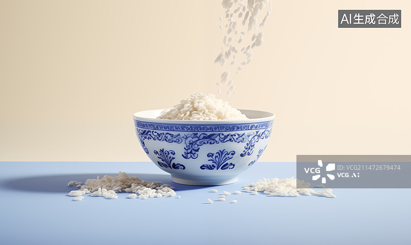 【AI数字艺术】一个装满大米的青花瓷碗插画背景图片素材