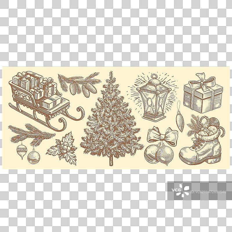 圣诞新年复古素描对象合集图片素材
