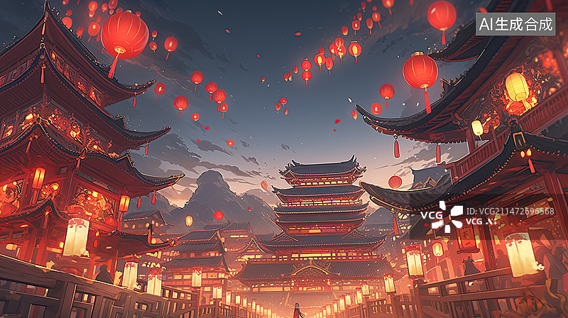 【AI数字艺术】古代大场景节日夜景古代建筑灯笼圆月插画图片素材