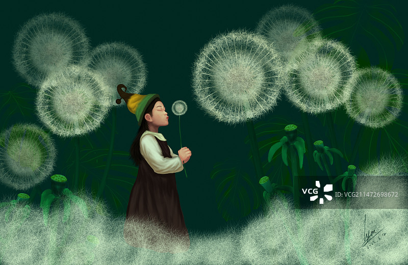 童话风插画，绿色蒲公英丛林中，小女孩手里拿着白色蒲公英种子在吹，正在为它播种。图片素材
