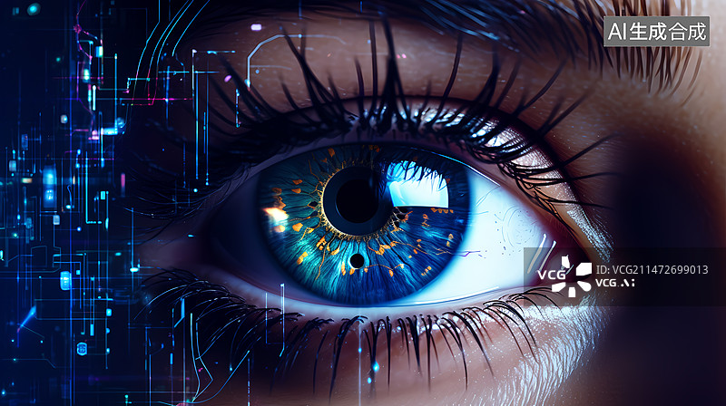 【AI数字艺术】一个人的瞳孔特写，机械眼球神经网络概念图片素材