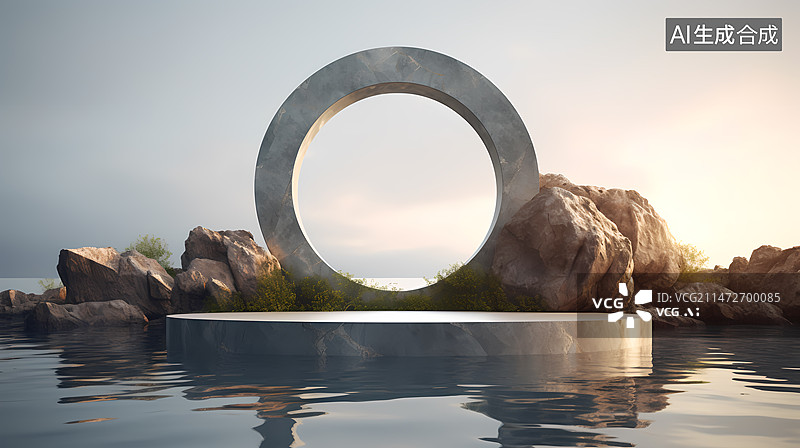 【AI数字艺术】3D渲染水面上的石头展台图片素材