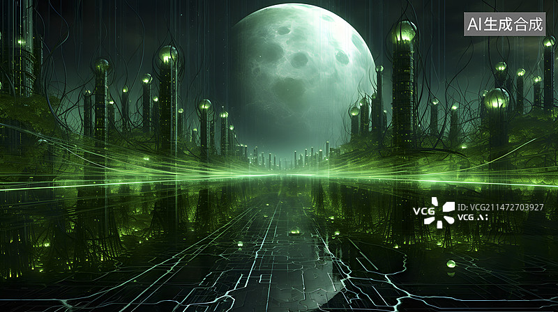 【AI数字艺术】数码科技绿色人脑神经元抽象图形海报网页PPT背景图片素材