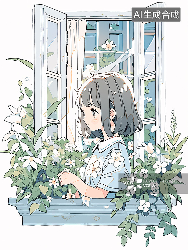 【AI数字艺术】漫画风格窗边的女学生图片素材