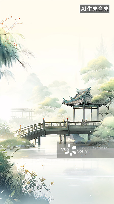 【AI数字艺术】江南园林临水小桥亭子风景水彩画图片素材