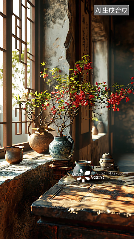 【AI数字艺术】在有光影的桌子上摆放盆栽图片素材