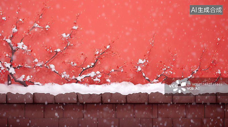 【AI数字艺术】冬季雪景梅花树枝纯净的红墙大气中国风背景插画图片素材
