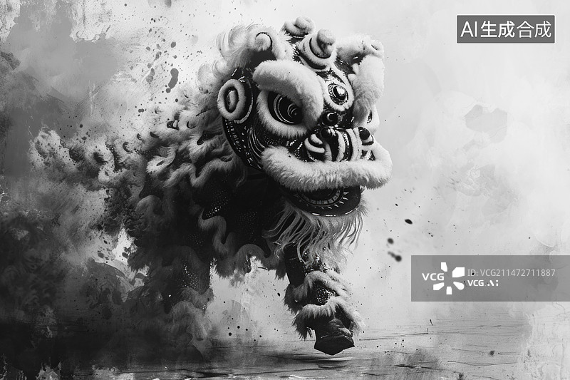 【AI数字艺术】水墨画黑白中国舞狮图片素材