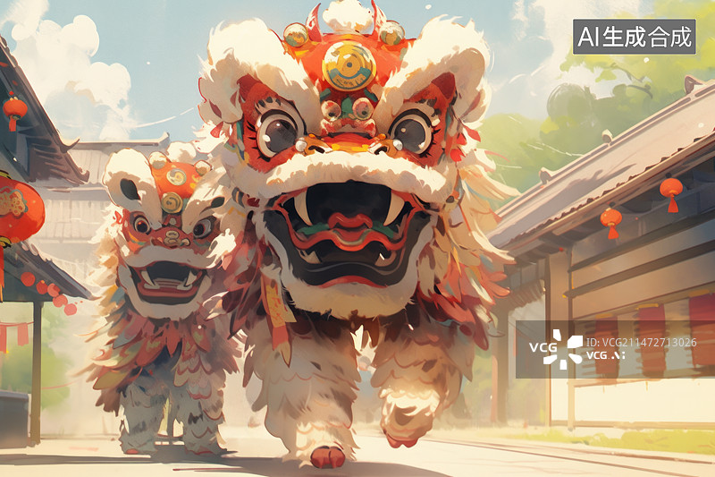 【AI数字艺术】吉卜力漫画风格舞狮图片素材