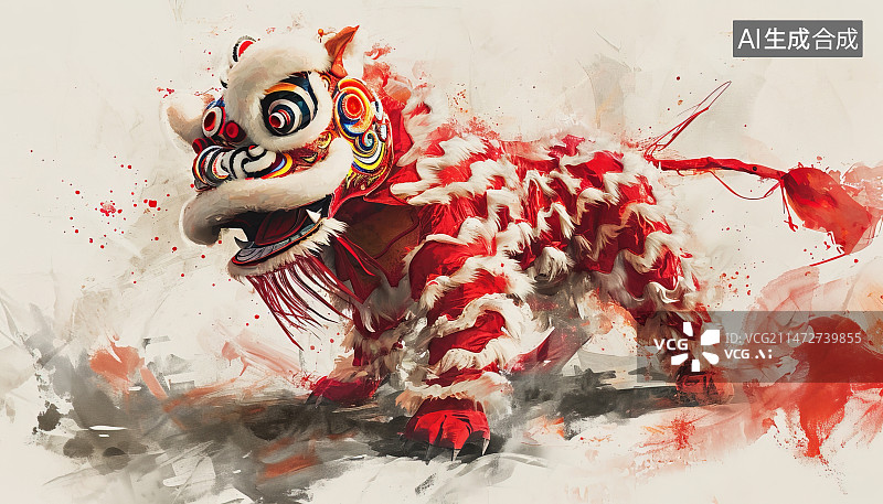 【AI数字艺术】舞狮，中国水墨，黑白。或：舞狮，吉卜力插画风格。图片素材