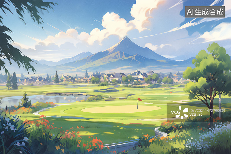 【AI数字艺术】动漫风格高尔夫球场图片素材
