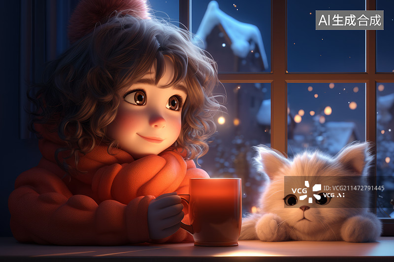 【AI数字艺术】小女孩在窗边拿着杯子看雪,小猫在陪伴图片素材