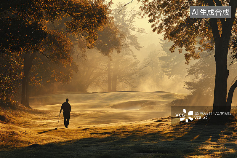【AI数字艺术】暖色背景在高尔夫球场打球的男人的背影图片素材