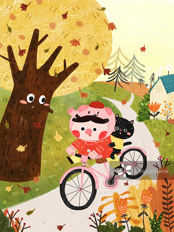 快乐的孩子在山上骑车图片素材