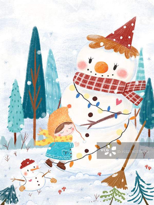 雪地里的雪人与小女孩图片素材