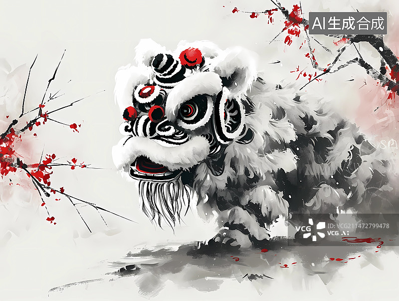 【AI数字艺术】水墨风格插画——梅花树下舞狮子图片素材