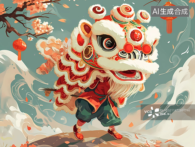【AI数字艺术】雄狮少年——舞狮主题国风插画图片素材
