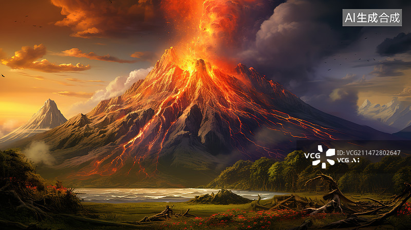 【AI数字艺术】日落时群山对天的景色图片素材