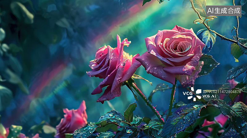 【AI数字艺术】植物上的红玫瑰特写镜头图片素材