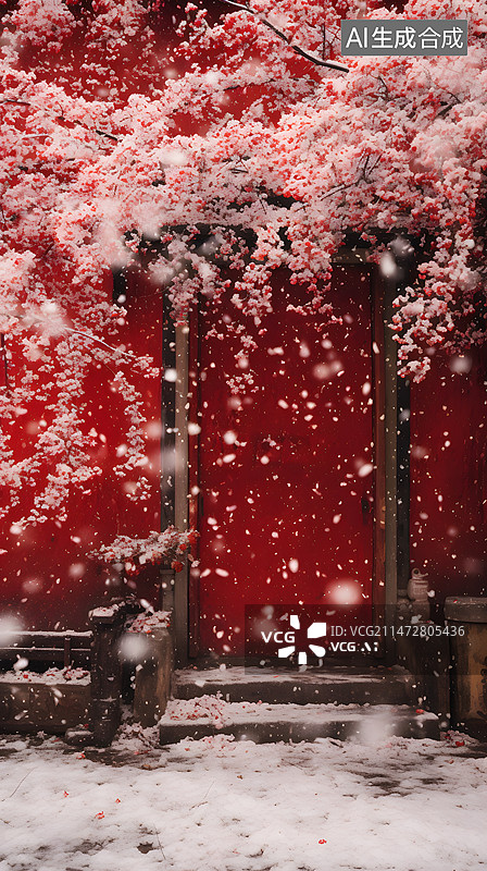 【AI数字艺术】下雪红墙梅花图片素材
