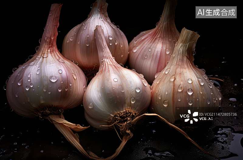 【AI数字艺术】黑色背景下湿洋葱的特写镜头图片素材