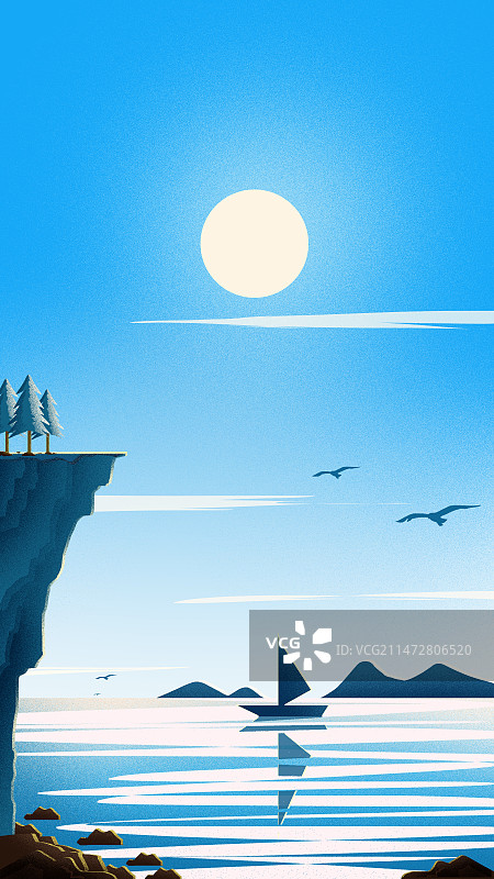 手绘海湾山崖帆船风景背景图片素材