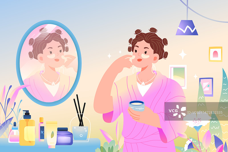 卡通美容美妆护肤网购医美博主直播彩妆少女妇女节女孩购物节消费券电商促销娱乐休闲优惠商务渐变矢量插画图片素材