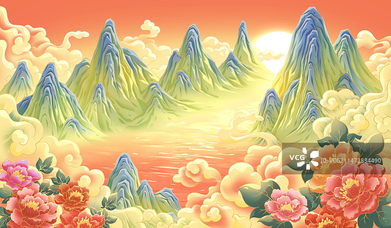 国潮牡丹山水插画图片素材