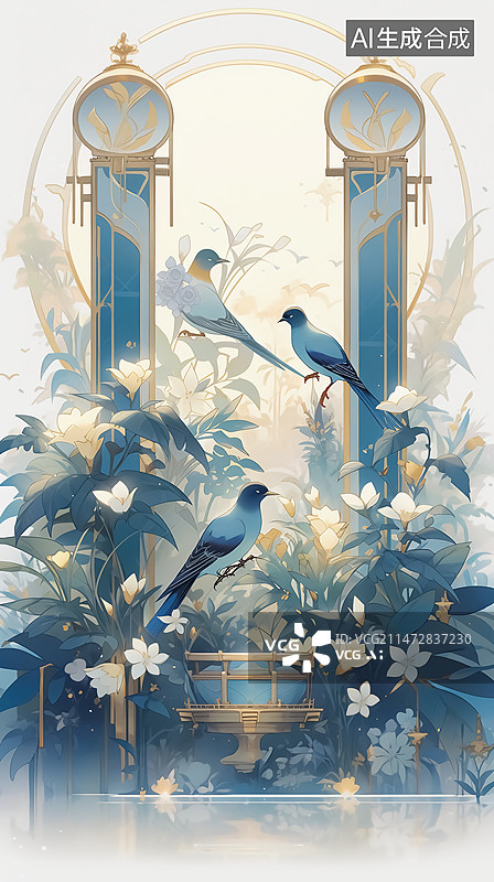 【AI数字艺术】花园里的小鸟插画图片素材
