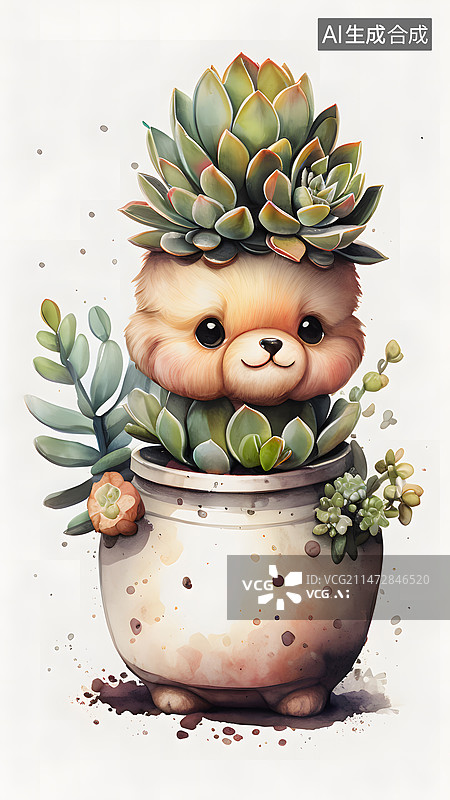 【AI数字艺术】头顶多肉的可爱小狗图片素材