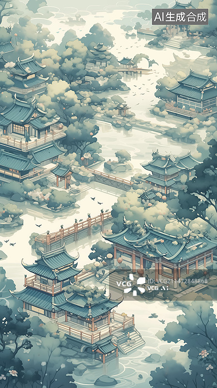 【AI数字艺术】古代园林建筑插画图片素材