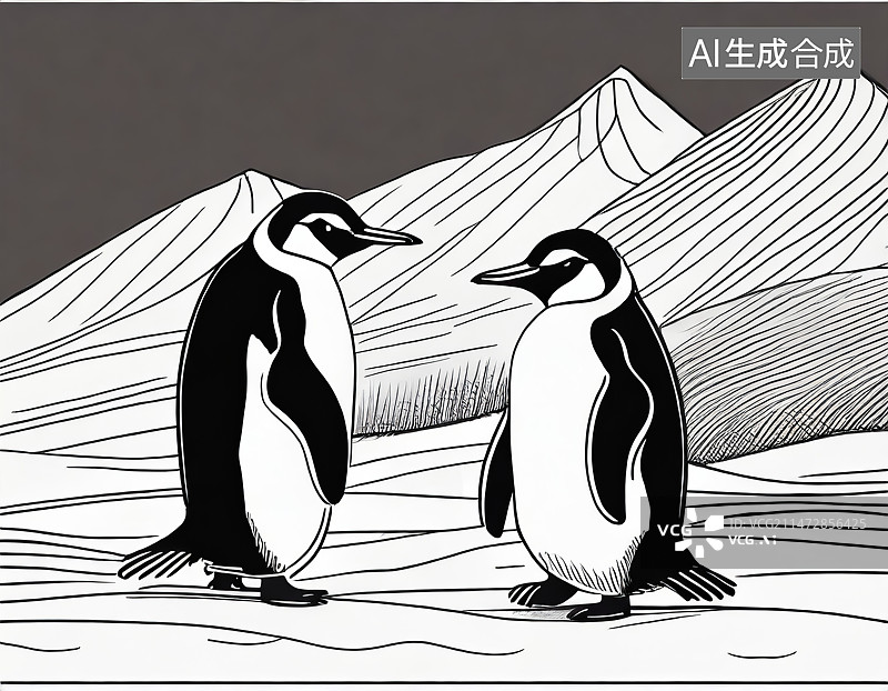 【AI数字艺术】线条画黑白风格的企鹅图片素材