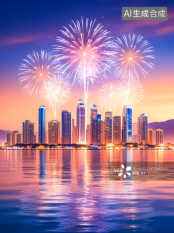 【AI数字艺术】城市中放烟花庆祝2024年新年春节图片素材