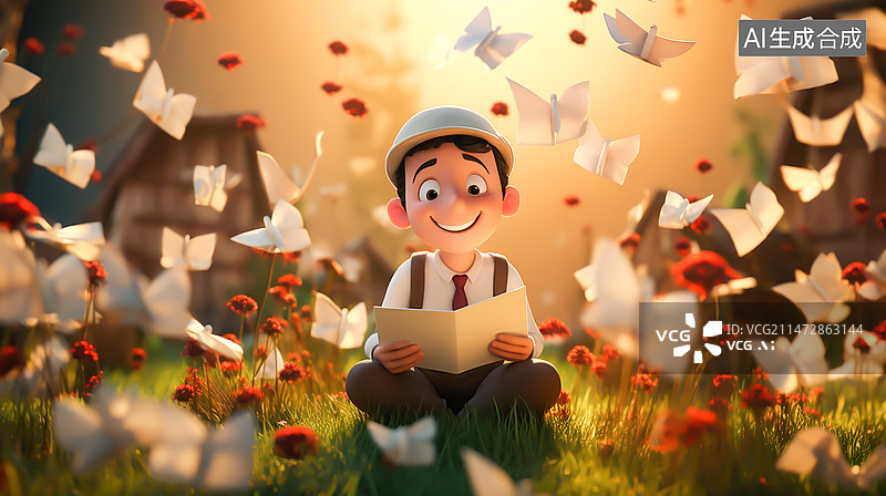 【AI数字艺术】坐在草地上的男孩拿着书图片素材