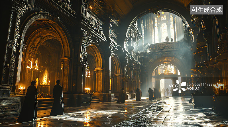 【AI数字艺术】教堂里的人们图片素材