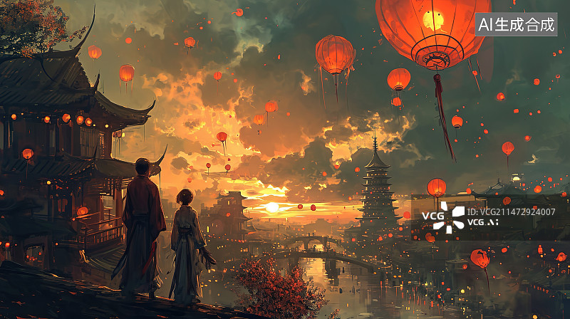 【AI数字艺术】夕阳下的红灯笼和寺庙图片素材