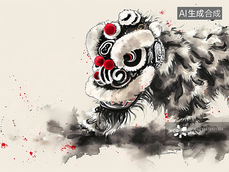 【AI数字艺术】水墨风插画——舞狮图片素材