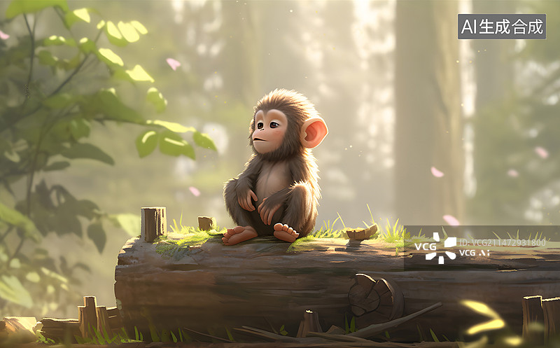 【AI数字艺术】森林里坐在树桩上思考的猴子图片素材