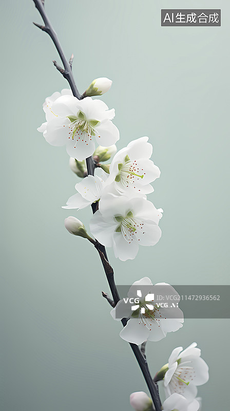 【AI数字艺术】数码柔和清透梅花植物抽象海报手机端背景图片素材