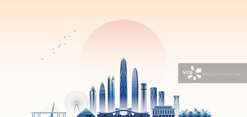 水墨风城市深圳山水矢量插画图片素材