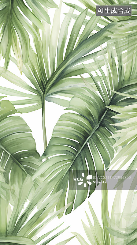 【AI数字艺术】数码绿色复古水彩棕榈叶图形海报手机端背景图片素材
