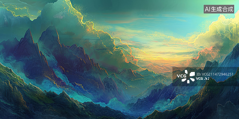 【AI数字艺术】色彩鲜艳的抽象艺术山景绘画插图图片素材