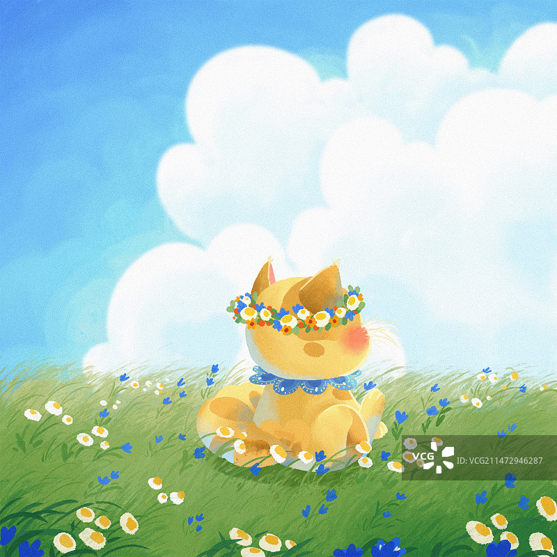 草地上的猫猫可爱治愈儿童插画图片素材