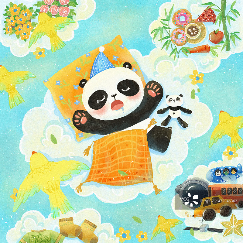 云朵上睡觉的小熊猫可爱治愈儿童插画图片素材