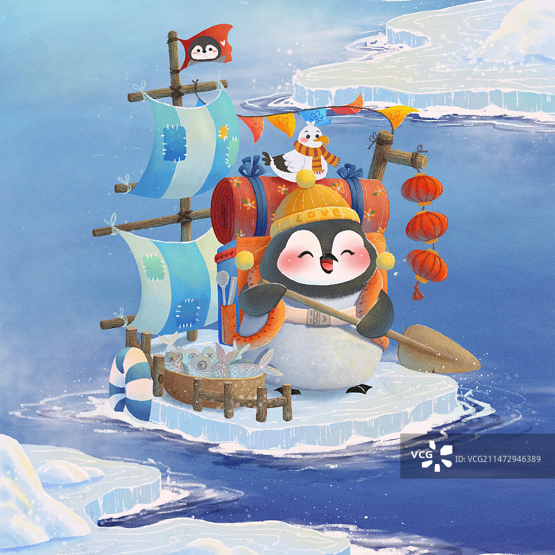 小企鹅出门远行可爱治愈儿童插画图片素材