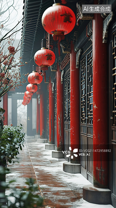 【AI数字艺术】春节四合院上挂满了喜庆的红色灯笼图片素材