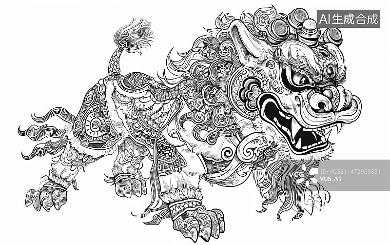 【AI数字艺术】中国舞狮铅笔画图片素材