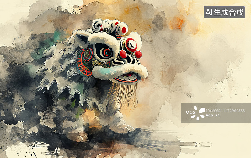 【AI数字艺术】中国水墨画舞狮图片素材