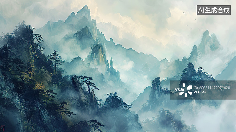 【AI数字艺术】天空中树木和山脉的全景图片素材